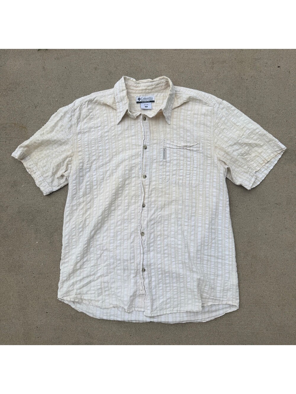Columbia Button Down Shirt Mens M Beige Short Sleeve Textured Casual